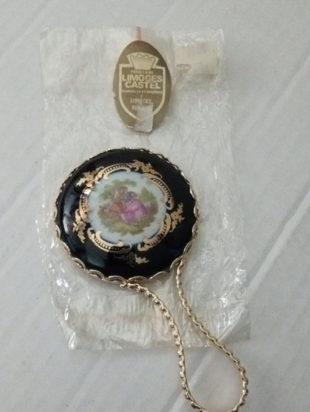 Limoges Vintage Porcelain Black and Gold Floral Hand Mirror